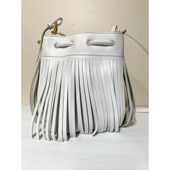 Dooney & Bourke Christa Drawstring Crossbody Bag White Leather Fringe Bucket - Picture 5 of 12